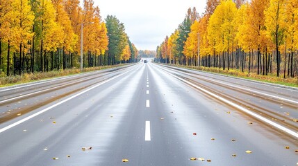 Fototapeta premium Autumn road through golden trees, wet asphalt, cars driving, travel background