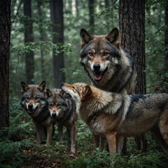 Obraz premium The survival instincts of a wolf pack in a forested area.