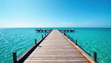 Obraz premium Pier extends into distance with clear blue sky above, scenery, peaceful