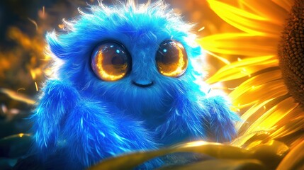 Blue fuzzy creature with big eyes in vibrant sunflower meadow