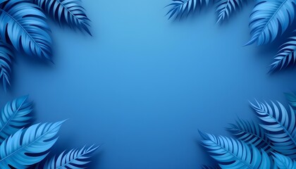 Obraz premium Blue tropical leaves framing the edges on a plain blue background, minimalist design with soft shadows and details.