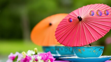 Colorful Umbrellas on Tea Cups Surrounded by Fresh Flowers