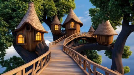 Obraz premium Enchanted treehouse village with wooden bridges and glowing windows