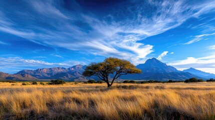 Fototapeta premium Lone tree in golden grassland, majestic mountains backdrop, peaceful sunset, nature scene for travel brochures
