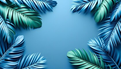Fototapeta premium Blue tropical leaves framing the edges on a plain blue background, minimalist design with soft shadows and details.