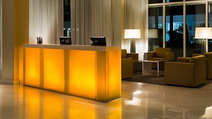 Hotel lobby reception desk at night, illuminated, waiting area