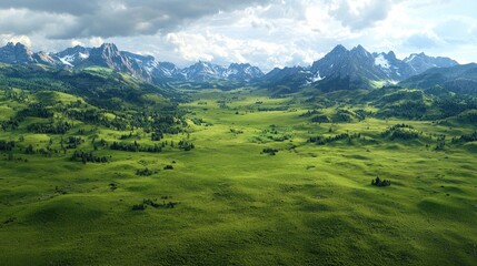 Obraz premium Mountain valley landscape, green meadow, scenic view, cloudy sky, nature travel