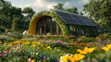A green eco-house with solar panels on the roof, surrounded by wildflowers, demonstrating a commitment to sustainability and renewable energy.
