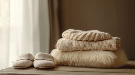 Cozy cream knitwear stack near window