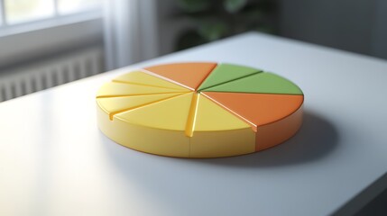 Bright pie chart in citrus tones of yellow orange and green on a clean white table