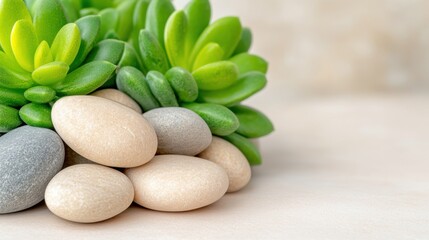 Serene spa concept with smooth stones and fresh green succulents