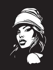 black and white illustration of a woman's face.  hat with brim.  The hair is wavy and falls to the shoulders.  The background is black, in the center is a woman. Minimalistic illustration.