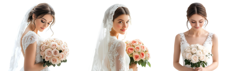 Elegant bride in a stunning white wedding dress holding a bouquet of roses isolated on a white or transparent background.