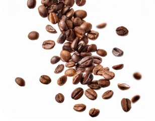 Naklejka premium Falling coffee beans isolated on a solid white background