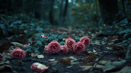 A bunch of pink roses are lying on the ground in a dark forest path