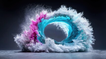 Fototapeta premium Vibrant blue water wave and pink powder explosion forming a circular vortex on a dark reflective background.