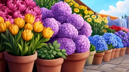 Vibrant Flower Market Display with Colorful Blooms and Greenery