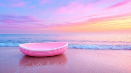 Tranquil pink boat on sandy beach with vibrant sunset sky and gentle waves