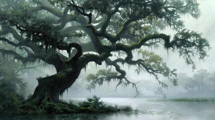 Large and mature oak tree extends its branches. Most branches are covered by moss