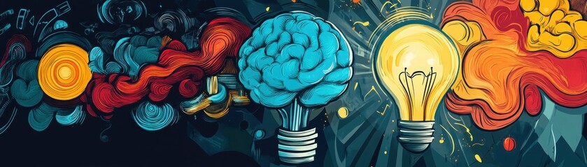 A vibrant illustration depicting the connection between creativity, ideas, and intelligence with colorful brains and light bulbs.