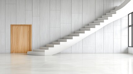 Obraz premium Modern white building interior; curved staircase, wooden door, large window; ideal for architecture or real estate