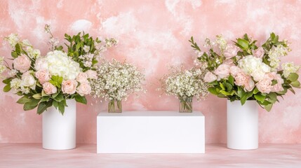 Elegant floral arrangement with roses and baby's breath on pink background