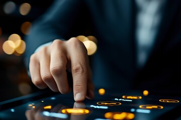 Businessman Interacting with Digital Interface on Tablet Device in Modern Urban Environment at Night
