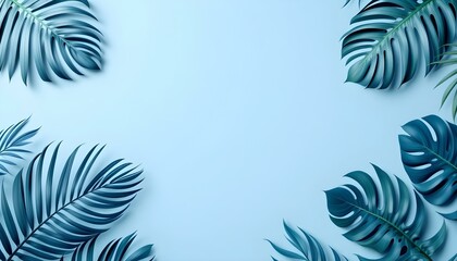 Fototapeta premium Blue tropical leaves framing the edges on a plain blue background, minimalist design with soft shadows and details.