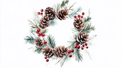 Watercolor Winter Wreath with Pine Cones and Red Berries on White Background