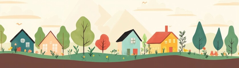 A whimsical illustration of colorful houses and trees set against a soft landscape, evoking a sense of charm and tranquility.