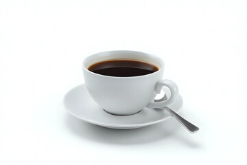 Obraz premium Cup of coffee, saucer and spoon in air on white background.