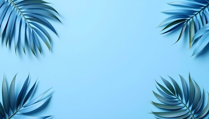 Fototapeta premium Blue tropical leaves framing the edges on a plain blue background, minimalist design with soft shadows and details.