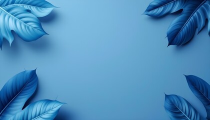 Obraz premium Blue tropical leaves framing the edges on a plain blue background, minimalist design with soft shadows and details.