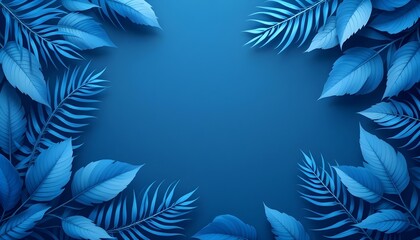 Fototapeta premium Blue tropical leaves framing the edges on a plain blue background, minimalist design with soft shadows and details.