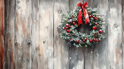 Watercolor Holiday Wreath on Rustic Wood Wall with Red Bow and Snowy Accents