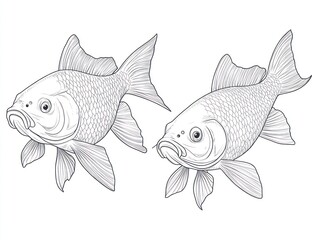 Two Detailed Line Drawings Of Koi Fish