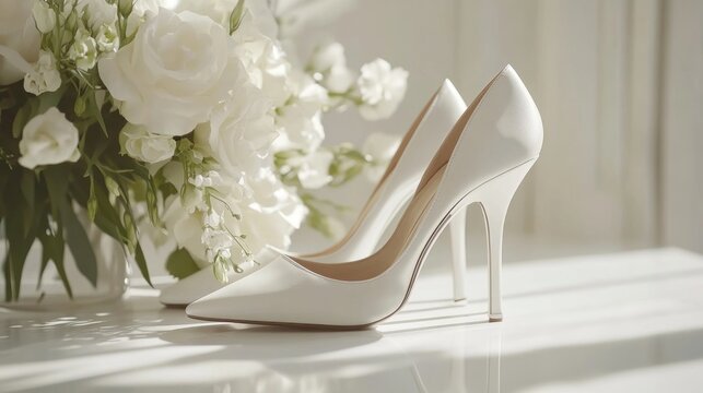 Bridal shoes and bouquet; wedding preparations; sunlight - Powered by Adobe