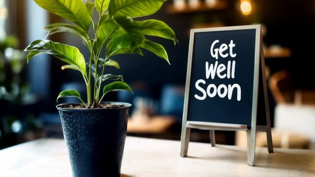 Indoor plant next to a chalkboard sign reading 'Get Well Soon' in a cozy cafe setting