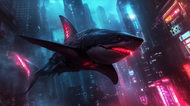 A robotic shark with glowing energy fins, patrolling a neon-lit underwater city