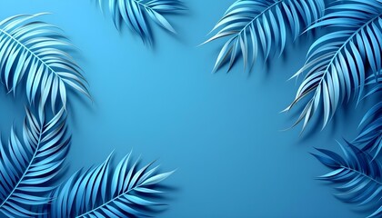 Obraz premium Blue tropical leaves framing the edges on a plain blue background, minimalist design with soft shadows and details.