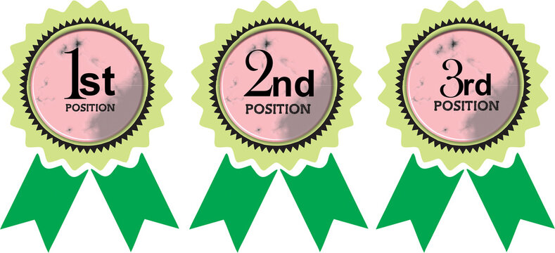 1st, 2nd, 3rd position medal. First, second third award winner badge guarantee winning prize ribbon. Medals, awards, ribbons for first, second, third place with round edges.