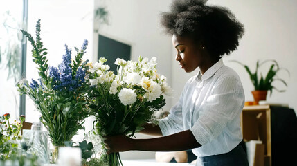 Florist skillfully arranging a fresh bouquet of seasonal flowers in a bright workspace during the day. Generative AI