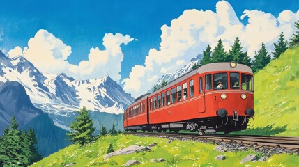 Obraz premium Vintage Red Train Travels Through Scenic Mountain Landscape