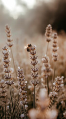 Fototapeta premium Honeybee gathers nectar from lavender flowers in a serene field during golden hour. Generative AI