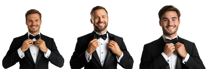 Set of groom in a classic black tuxedo adjusting his bowtie, smiling confidently, isolated on a white or transparent background.