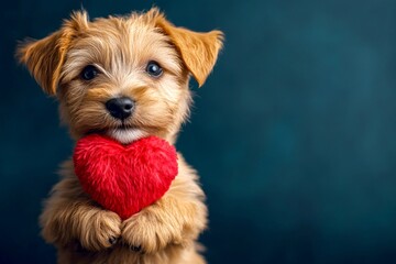 Lakeland terrier - my cherished dog. Cute lakeland terrier dog with fluffy red heart - emblem of love, funny greeting card. Ad idea. Puppy love. Pet valentine card designs. Love and devotion.