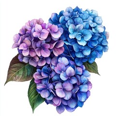 Vibrant Blue and Purple Hydrangeas in Bloom with Lush Green Leaves for Botanical and Floral Designs