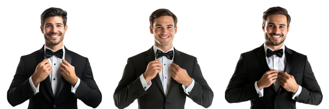 Set of groom in a classic black tuxedo adjusting his bowtie, smiling confidently, isolated on a white or transparent background. - Powered by Adobe