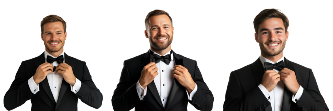 Set of groom in a classic black tuxedo adjusting his bowtie, smiling confidently, isolated on a white or transparent background. - Powered by Adobe