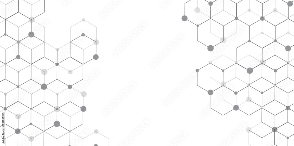 Poster Molecular structure abstract tech background. Geometric white background. Vector banner design with hexagons. Science network pattern, connecting lines and dots Medical background, Vector illustration